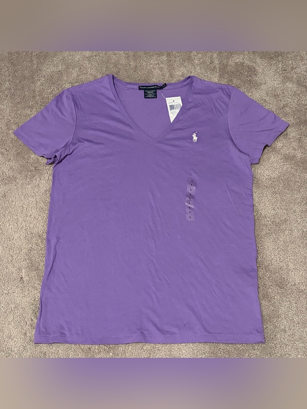 Ralph Lauren Sport Women’s Purple V Neck White Pony Pima Cotton Size Large NWT